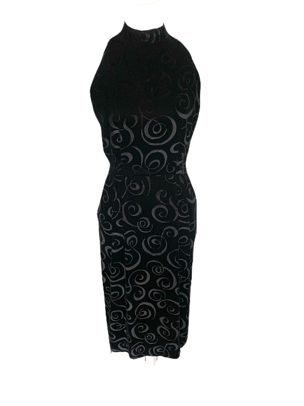 Vintage 1970s-80s Size 8 Black Velvet Swirl Print Cut Out Back Halter Midi Dress